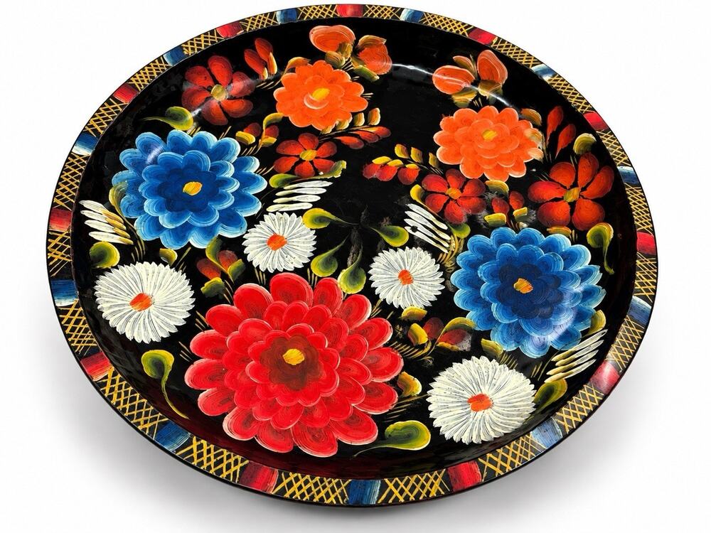 Vintage Mexican Wooden Batea Bowl 17.25” Hand Painted Floral Folk Art